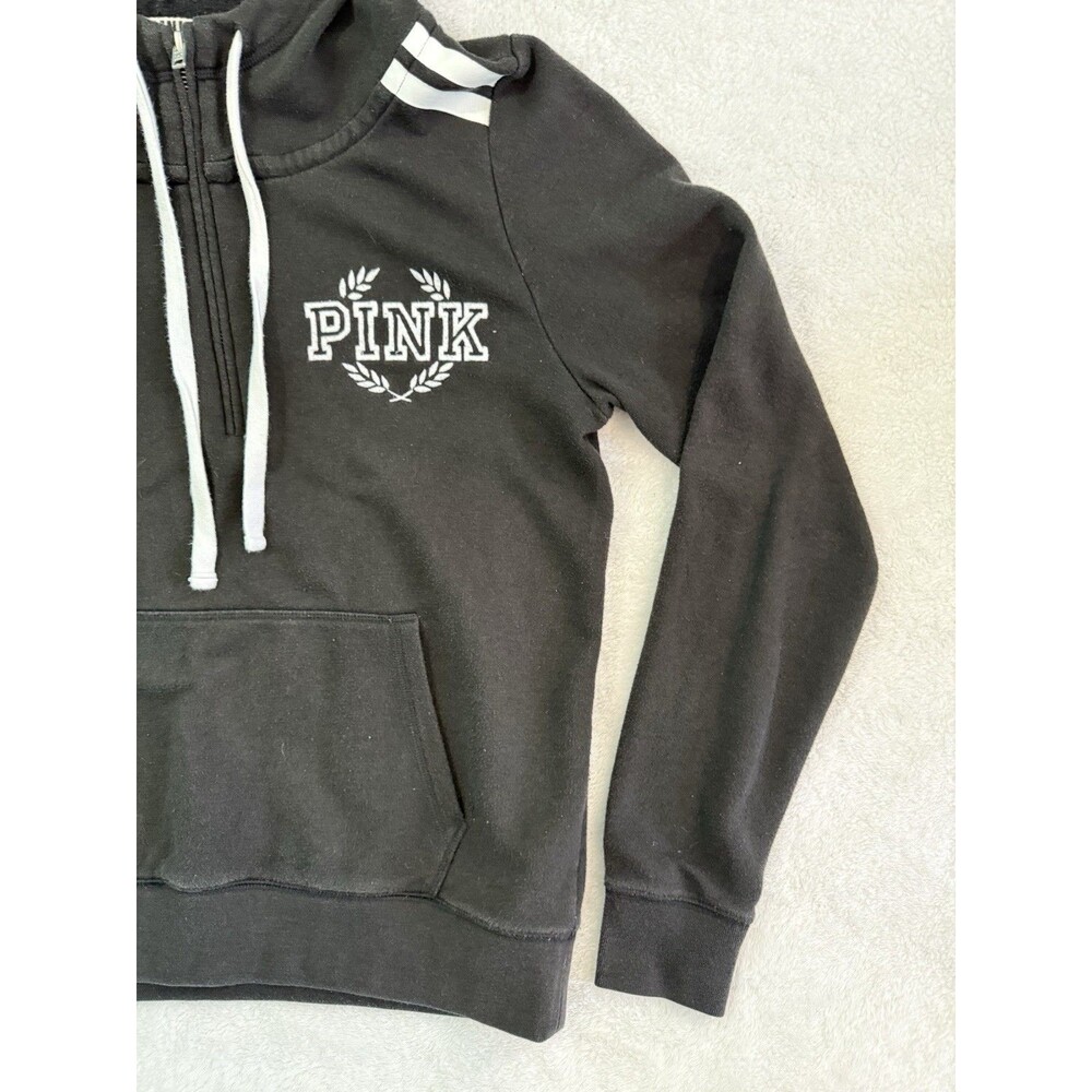 Victoria's Secret PINK Hoodie Womens M Black White Logo Sweatshirt Stripes - Picture 2 of 7